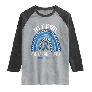 Denim Day Awareness Raglan Shirt In April We Wear Jeans Rainbow TS11 Heather Gray Heather Charcoal Print Your Wear