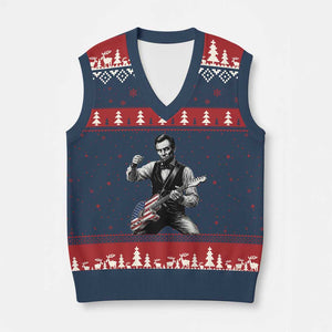 Abraham Lincoln Playing Guitar Vintage American Flag V-Neck Knit Sweater Vest TS11 Navy Red Print Your Wear
