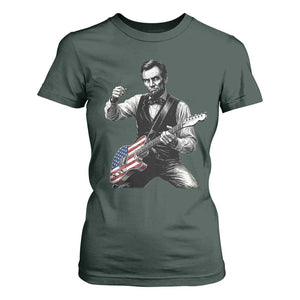 Abraham Lincoln Playing Guitar Vintage American Flag T Shirt For Women TS11 Dark Forest Green Print Your Wear