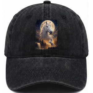 Horse Neighing To The Moon Washed Cotton Baseball Cap Vintage 90s Animal Horse Lover Equestrian TS11 Print Your Wear