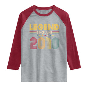June 16th Birthday Raglan Shirt Legends Since June 2010 Retro Bday TS11 Heather Gray Heather Red Print Your Wear