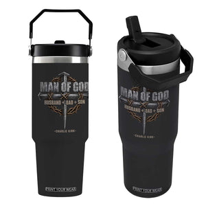 Man Of God Husband Dad Son Charlie Kirk Flip Straw Tumbler Vintage Christian Cross TS11 One Size: 30 oz Black Print Your Wear