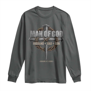 Man Of God Husband Dad Son Charlie Kirk Long Sleeve Shirt Vintage Christian Cross TS11 Dark Heather Print Your Wear