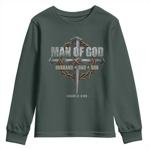 Man Of God Husband Dad Son Charlie Kirk Youth Sweatshirt Vintage Christian Cross TS11 Dark Forest Green Print Your Wear
