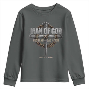 Man Of God Husband Dad Son Charlie Kirk Youth Sweatshirt Vintage Christian Cross TS11 Dark Heather Print Your Wear