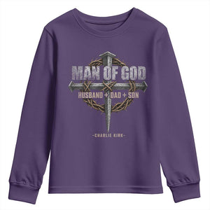 Man Of God Husband Dad Son Charlie Kirk Youth Sweatshirt Vintage Christian Cross TS11 Purple Print Your Wear