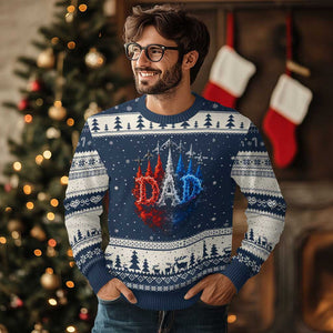 Patriotic Dad Jet Fighter American Flag 4th of July Ugly Christmas Sweater TS11 Navy Beige Print Your Wear