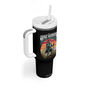 Funny Mountain Hikers Tumbler With Handle The Hiking Warrior Retro Forest Sunset TS11 Print Your Wear