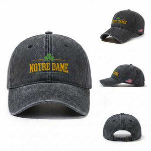 Notre Dame Washed Cotton Baseball Cap Vintage Varsity Sports IN State Gold Shamrock