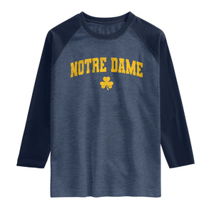 Notre Dame Indiana State Raglan Shirt Vintage Varsity Sports Jersey Style Gold Shamrock