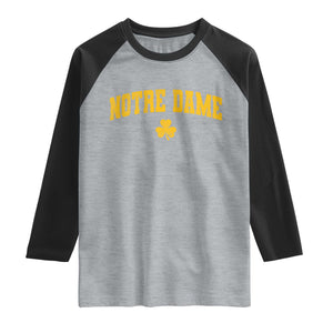 Notre Dame Indiana State Raglan Shirt Vintage Varsity Sports Jersey Style Gold Shamrock