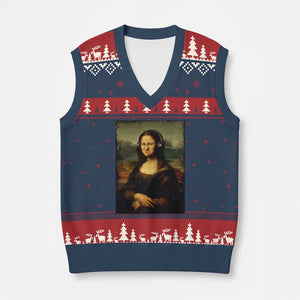 Funny Mona Lisa Bass Face Music Lovers DJs V-Neck Knit Sweater Vest