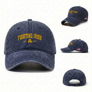 Fighting Irish Est 1842 Washed Cotton Baseball Cap Vintage Varsity Sports Jersey Style Gold Shamrock