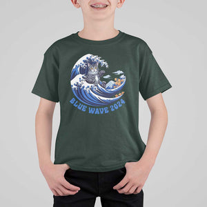 Funny Blue Wave 2024 T Shirt For Kid Vote Blue Presidential Elections Cat Tsunami Flowers TS11 Dark Forest Green Print Your Wear
