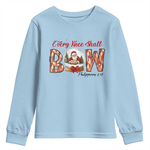 Every Knee Shall Bow Youth Sweatshirt Santa Christmas Nativity Scene Bible Verse TS11 Light Blue Print Your Wear