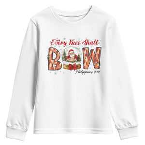 Every Knee Shall Bow Youth Sweatshirt Santa Christmas Nativity Scene Bible Verse TS11 White Print Your Wear