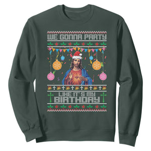 Funny Jesus Christmas Sweatshirt We Gonna Party Like It's My Birthday Christian Xmas TS11 Dark Forest Green Print Your Wear