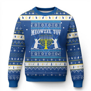 Meowzel Tov Hanukkah Ugly Sweater Funny Chanukah Cat Jewish Menorah TS11 Blue White Print Your Wear