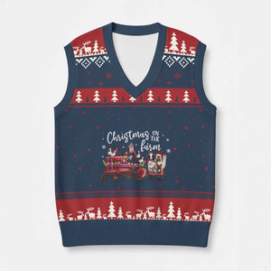 Funny Xmas On The Farm V-Neck Knit Sweater Vest Vintage Red Tractor Livestock TS11 Navy Red Print Your Wear