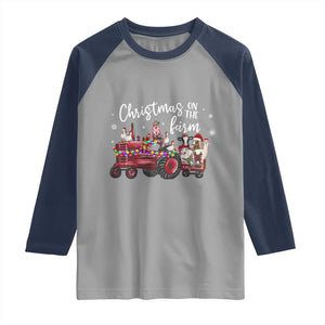 Funny Christmas On The Farm Raglan Shirt Vintage Red Tractor Livestock TS11 Sport Gray Navy Print Your Wear