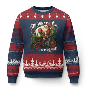 Funny Xmas Farmer Ugly Christmas Sweater Oh What Fun It Is To Ride Santa Farm Tractor TS11 Navy Red Print Your Wear