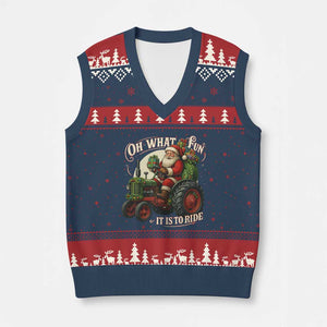 Funny Xmas Farmer V-Neck Knit Sweater Vest Oh What Fun It Is To Ride Santa Farm Tractor TS11 Navy Red Print Your Wear