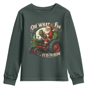 Funny Christmas Farmer Youth Sweatshirt Oh What Fun It Is To Ride Santa Farm Tractor TS11 Dark Forest Green Print Your Wear