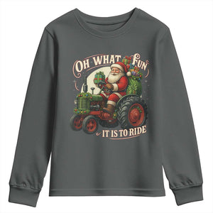 Funny Christmas Farmer Youth Sweatshirt Oh What Fun It Is To Ride Santa Farm Tractor TS11 Dark Heather Print Your Wear