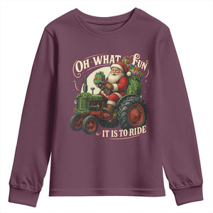 Funny Christmas Farmer Youth Sweatshirt Oh What Fun It Is To Ride Santa Farm Tractor TS11 Maroon Print Your Wear