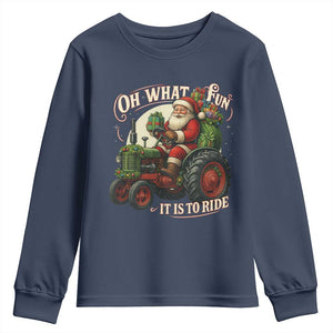 Funny Christmas Farmer Youth Sweatshirt Oh What Fun It Is To Ride Santa Farm Tractor TS11 Navy Print Your Wear