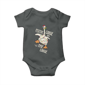 Funny Goose Christmas Baby Onesie Festive Goose On The Loose Xmas Lights TS11 Dark Heather Print Your Wear