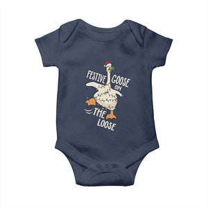 Funny Goose Christmas Baby Onesie Festive Goose On The Loose Xmas Lights TS11 Navy Print Your Wear