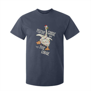 Funny Goose Christmas T Shirt For Kid Festive Goose On The Loose Xmas Lights TS11 Navy Print Your Wear