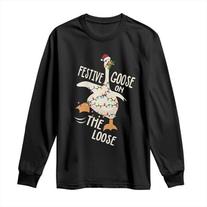 Funny Goose Christmas Long Sleeve Shirt Festive Goose On The Loose Xmas Lights TS11 Black Print Your Wear