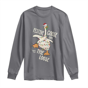 Funny Goose Christmas Long Sleeve Shirt Festive Goose On The Loose Xmas Lights TS11 Charcoal Print Your Wear