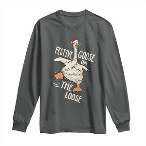 Funny Goose Christmas Long Sleeve Shirt Festive Goose On The Loose Xmas Lights TS11 Dark Heather Print Your Wear