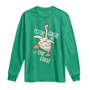 Funny Goose Christmas Long Sleeve Shirt Festive Goose On The Loose Xmas Lights TS11 Irish Green Print Your Wear