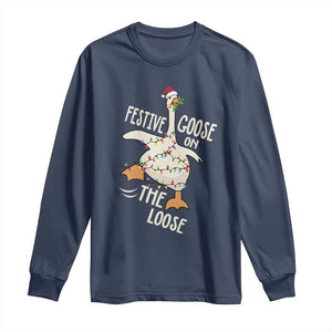 Funny Goose Christmas Long Sleeve Shirt Festive Goose On The Loose Xmas Lights TS11 Navy Print Your Wear