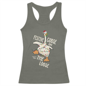 Funny Goose Christmas Racerback Tank Top Festive Goose On The Loose Xmas Lights TS11 Military Green Print Your Wear