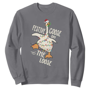 Funny Goose Christmas Sweatshirt Festive Goose On The Loose Xmas Lights TS11 Charcoal Print Your Wear