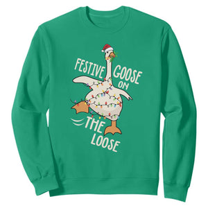 Funny Goose Christmas Sweatshirt Festive Goose On The Loose Xmas Lights TS11 Irish Green Print Your Wear