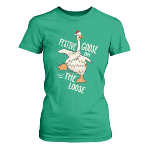 Funny Goose Christmas T Shirt For Women Festive Goose On The Loose Xmas Lights TS11 Irish Green Print Your Wear