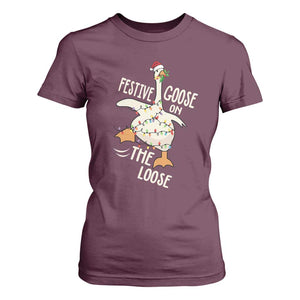 Funny Goose Christmas T Shirt For Women Festive Goose On The Loose Xmas Lights TS11 Maroon Print Your Wear