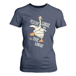 Funny Goose Christmas T Shirt For Women Festive Goose On The Loose Xmas Lights TS11 Navy Print Your Wear