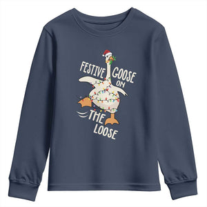Funny Goose Christmas Youth Sweatshirt Festive Goose On The Loose Xmas Lights TS11 Navy Print Your Wear