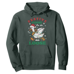 Funny Goose Christmas Hoodie Festive Goose On The Loose Xmas Holiday TS11 Dark Forest Green Print Your Wear