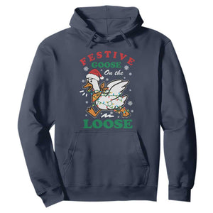 Funny Goose Christmas Hoodie Festive Goose On The Loose Xmas Holiday TS11 Navy Print Your Wear