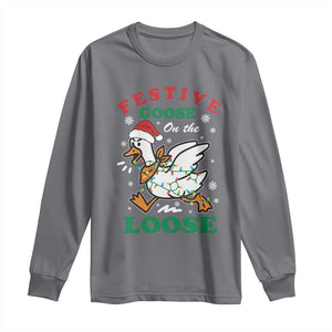 Funny Goose Christmas Long Sleeve Shirt Festive Goose On The Loose Xmas Holiday TS11 Charcoal Print Your Wear