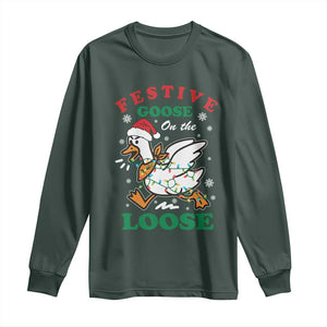 Funny Goose Christmas Long Sleeve Shirt Festive Goose On The Loose Xmas Holiday TS11 Dark Forest Green Print Your Wear