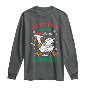 Funny Goose Christmas Long Sleeve Shirt Festive Goose On The Loose Xmas Holiday TS11 Dark Heather Print Your Wear